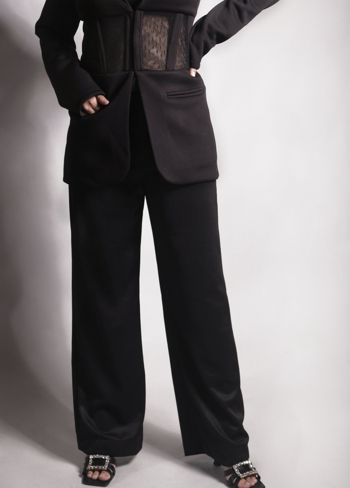 Adele Regain Black Mesh Blazer Corset Top and Pant