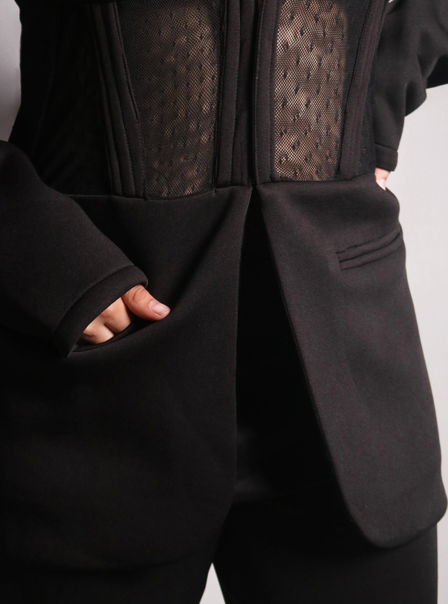 Adele Regain Black Mesh Blazer Corset Top and Pant