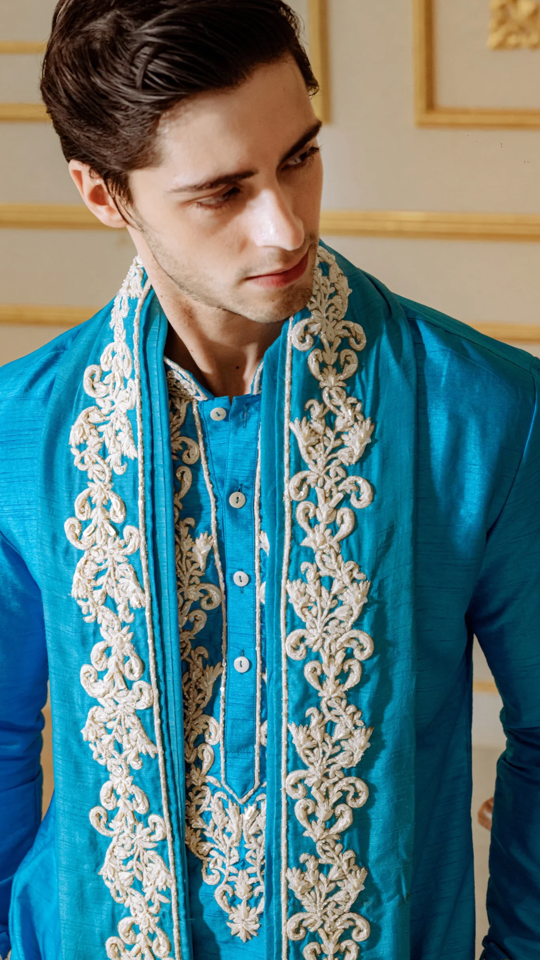 Electric Blue Aari work Kurta Dupatta and Pant