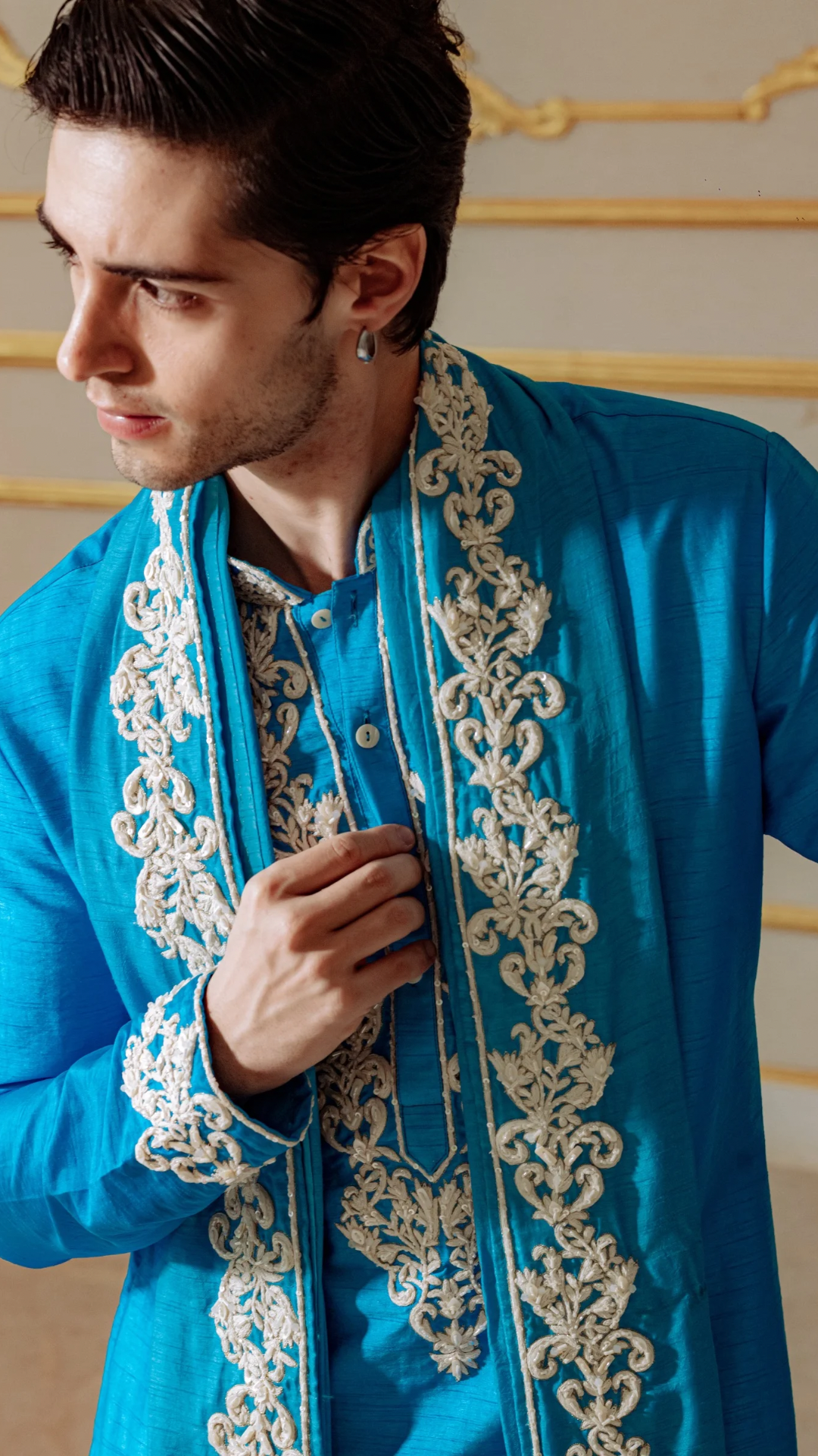Electric Blue Aari work Kurta Dupatta and Pant