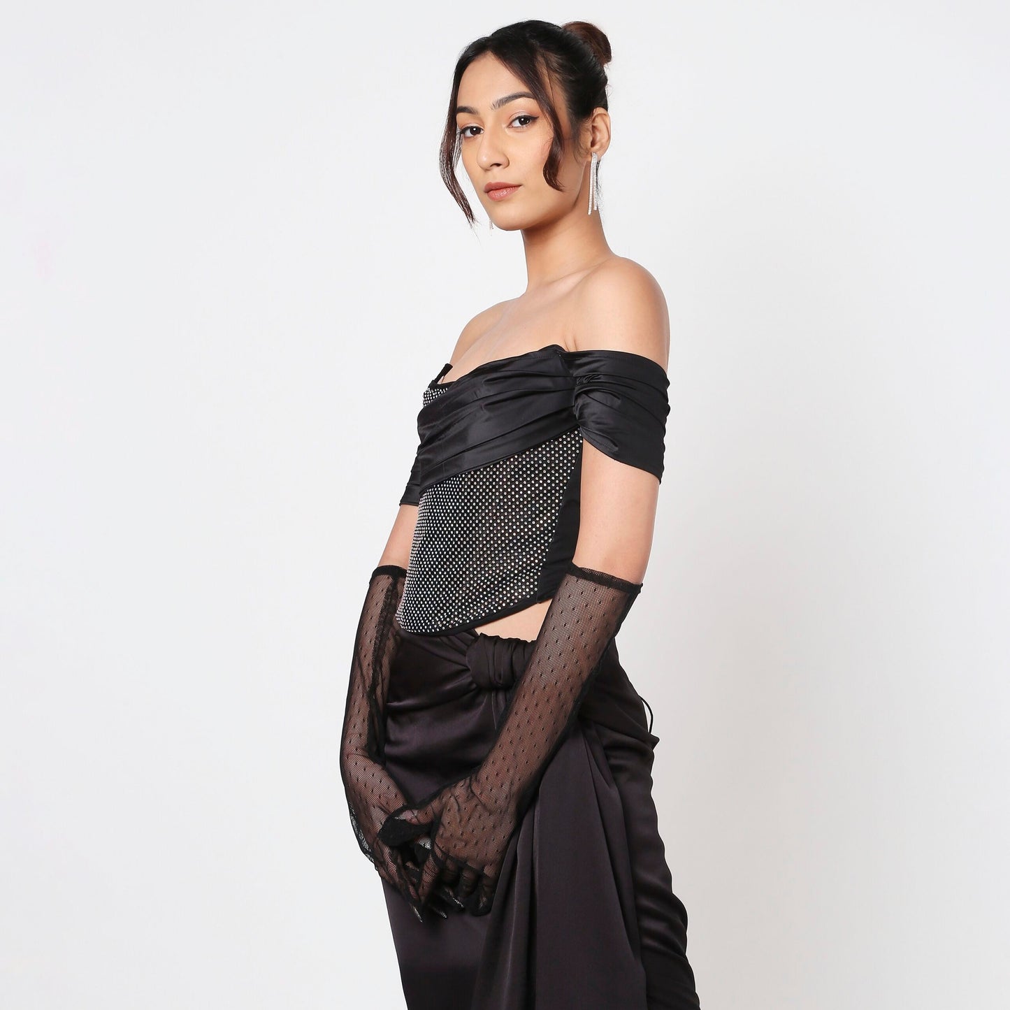 Black Rhinestone Corset Top With Gloves
