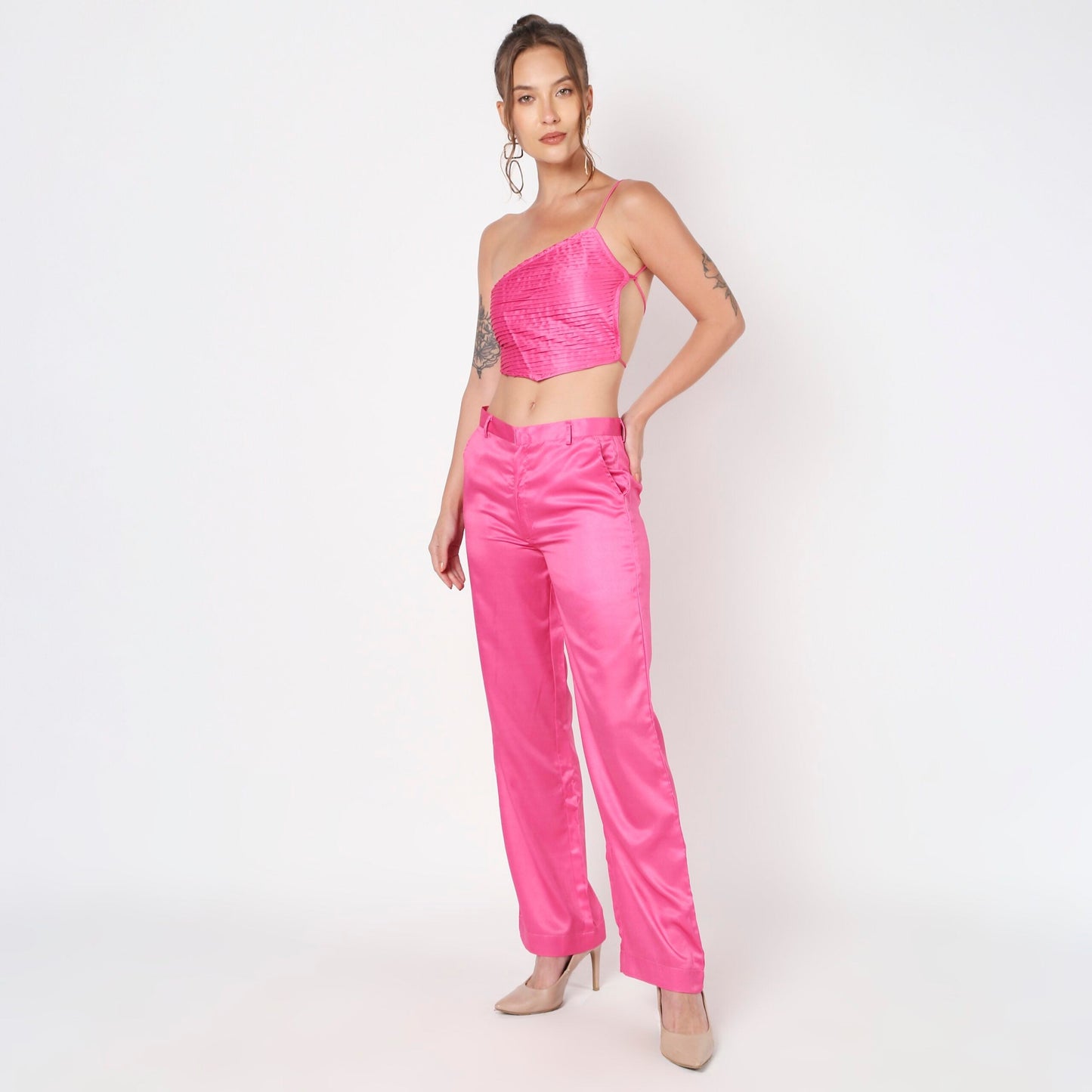 Pink Pleated Backless Co ord Set