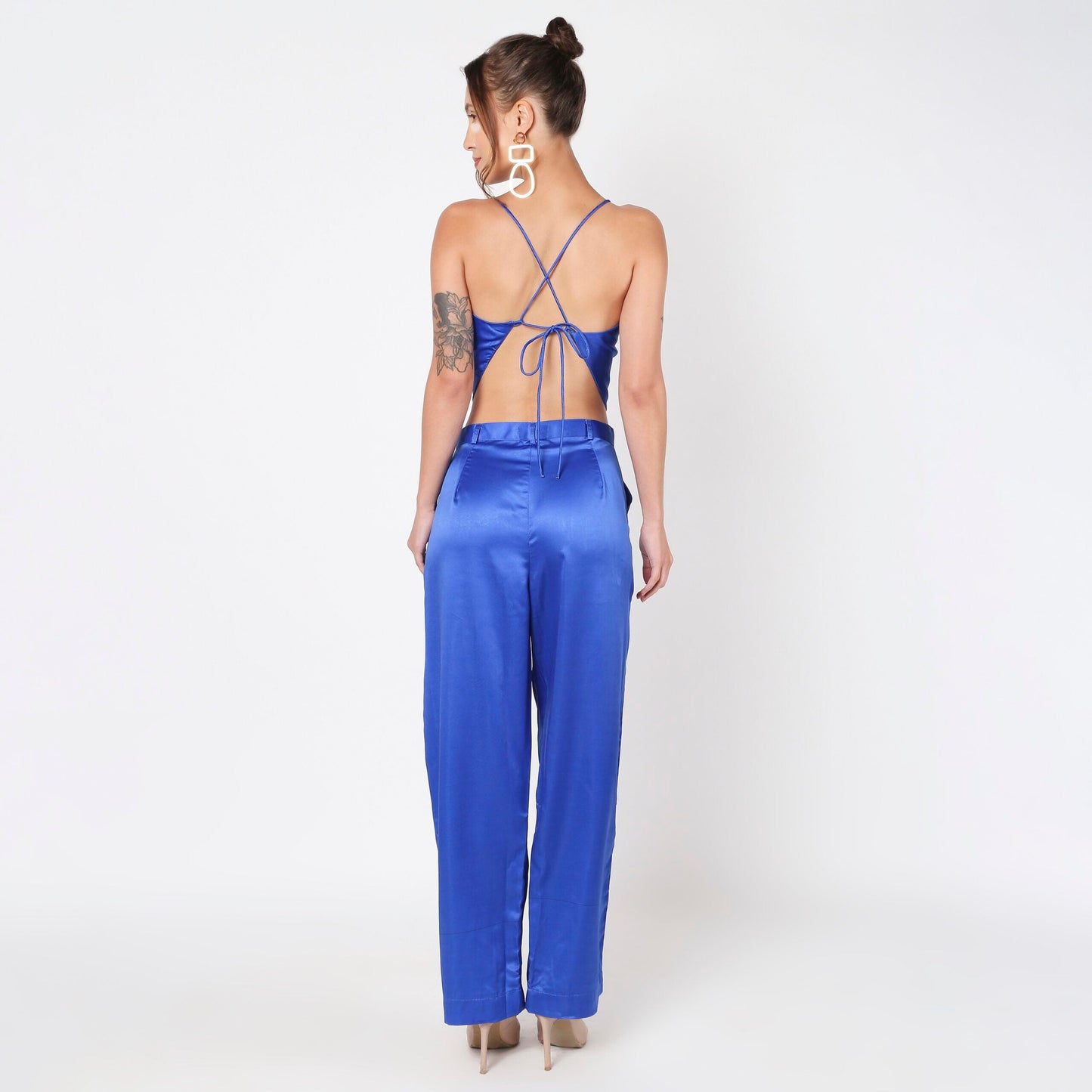 Blue satin backless co ord set