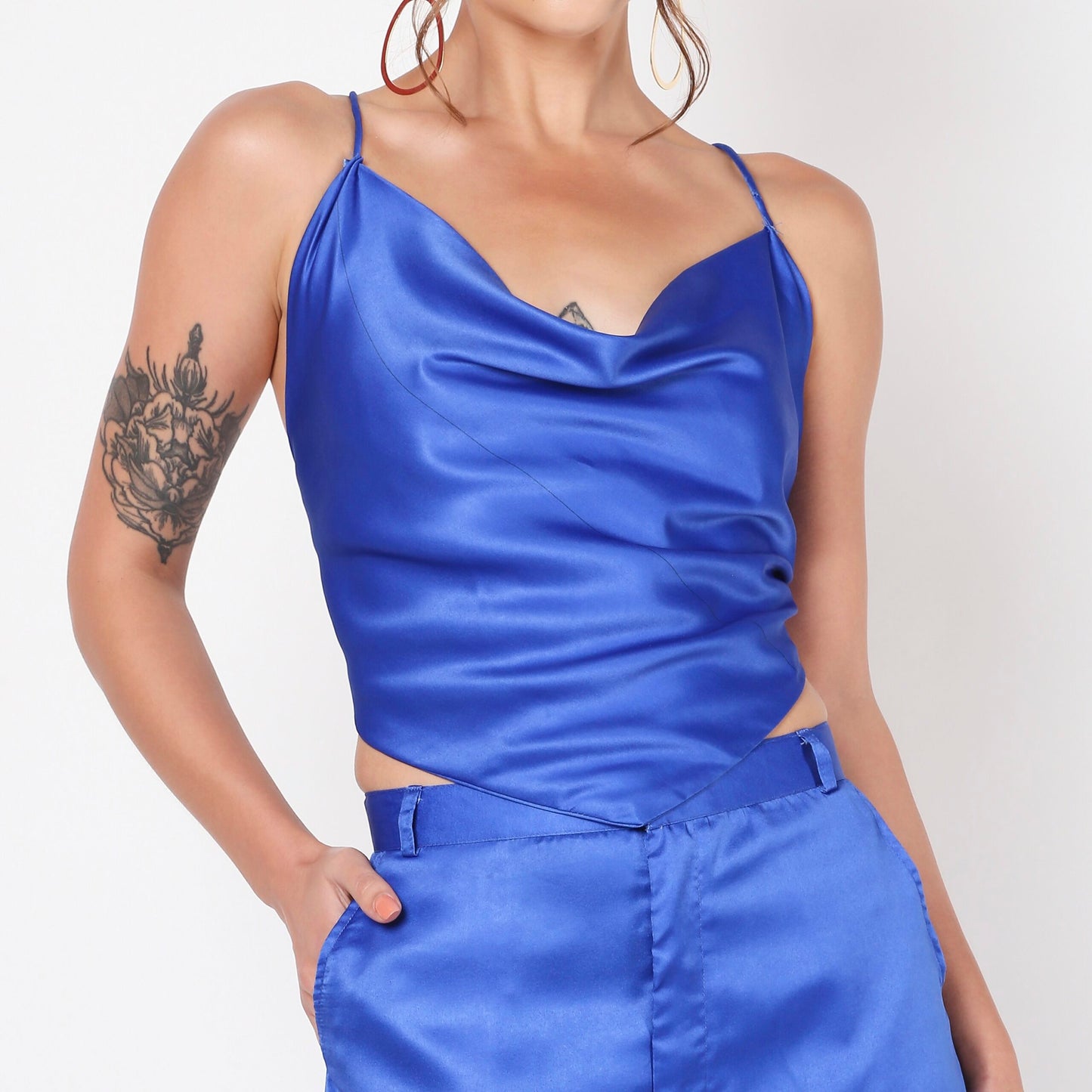 Blue satin backless co ord set