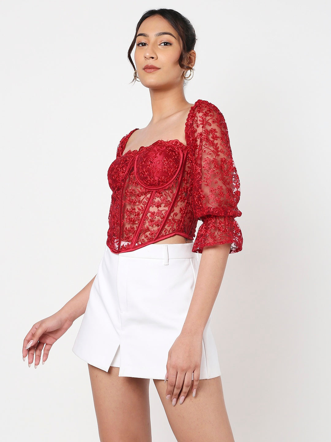 Bright Red Half sleeves Lacey Corset Top