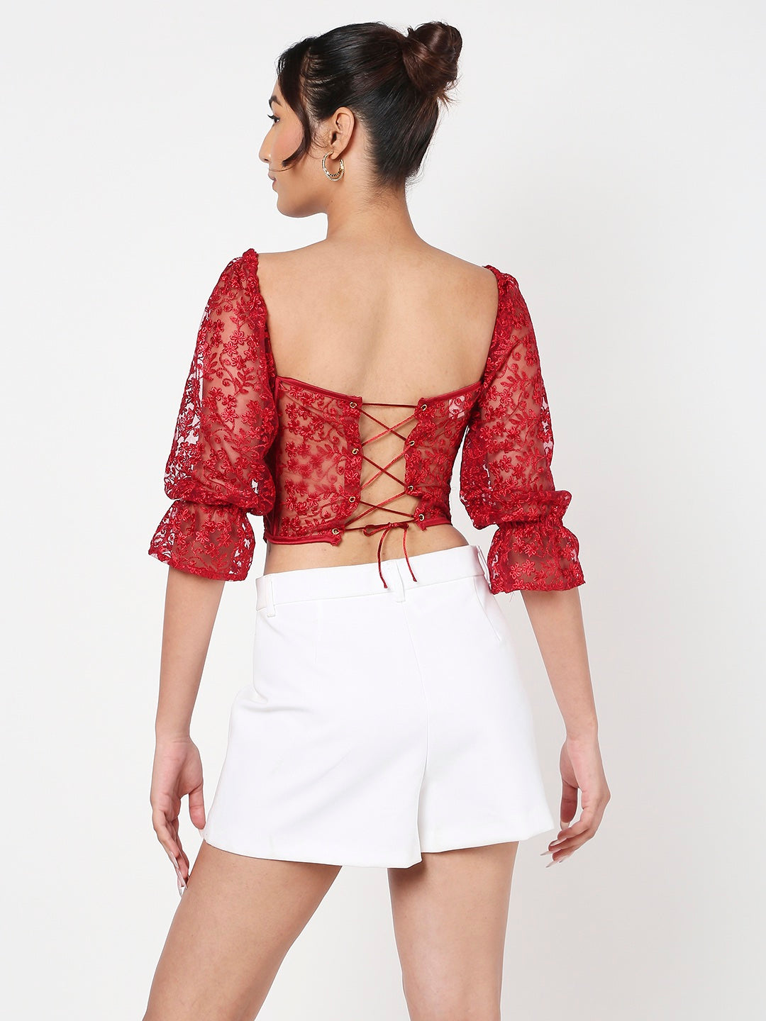 Bright Red Half sleeves Lacey Corset Top