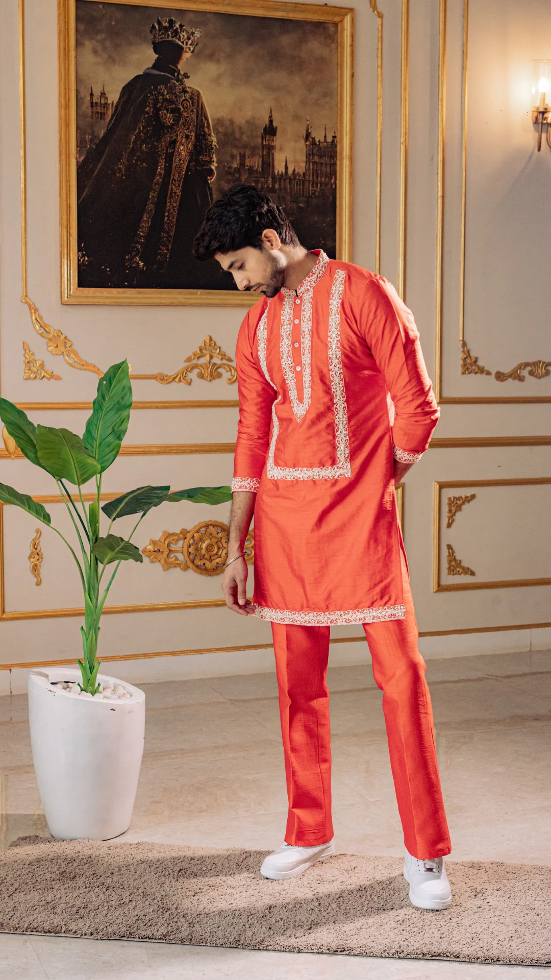 Electric ORANGE Aari work Kurta Dupatta& Pant set