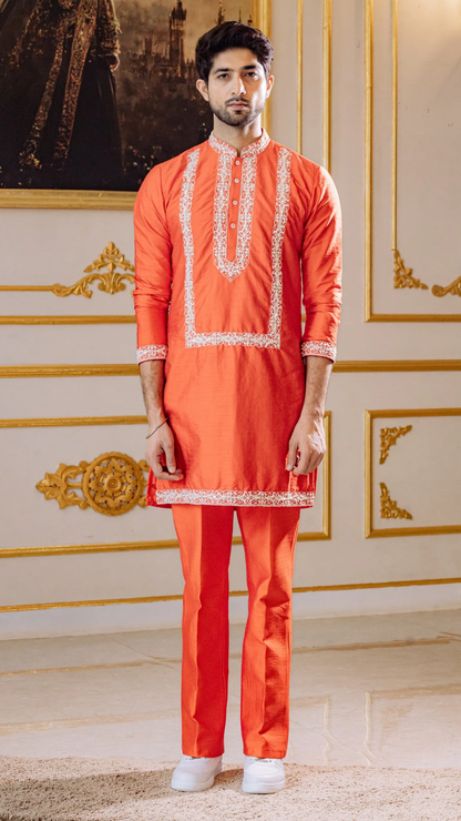 Electric ORANGE Aari work Kurta Dupatta& Pant set
