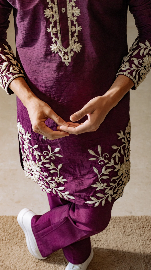 Purple Aari work Kurta Dupatta and Pant