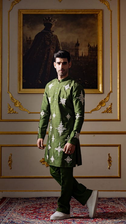 Electric green Aari work Kurta Dupatta and Pant