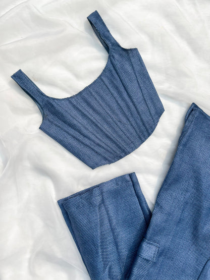Knitted Blue Cargo pants and Corset Top , CO-ORD SET
