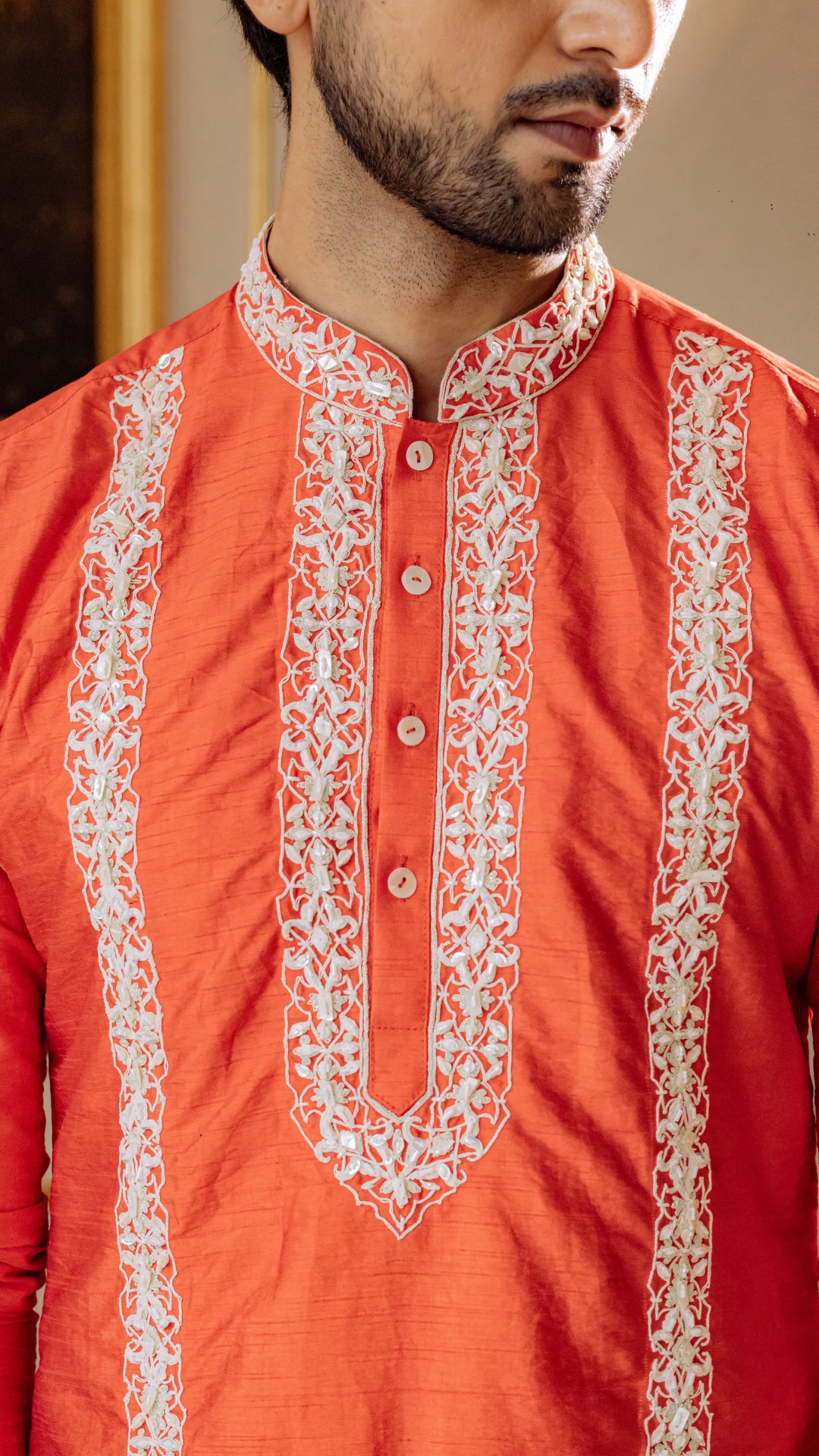 Electric ORANGE Aari work Kurta Dupatta& Pant set