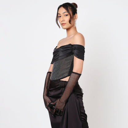 Black Rhinestone Corset Top With  Gloves