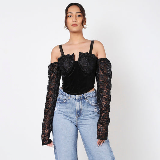 Full Sleeves Velvet Lacey Corset Top