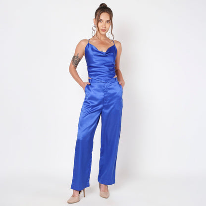 Blue satin backless co ord set