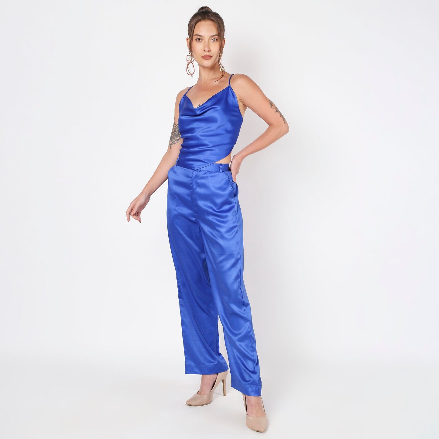 Blue satin backless co ord set