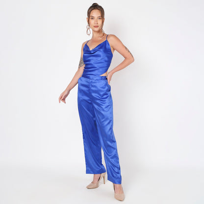 Blue satin backless co ord set
