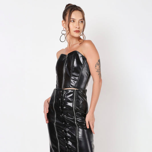 Catty Black Skirt And Corset Leather Coord Set
