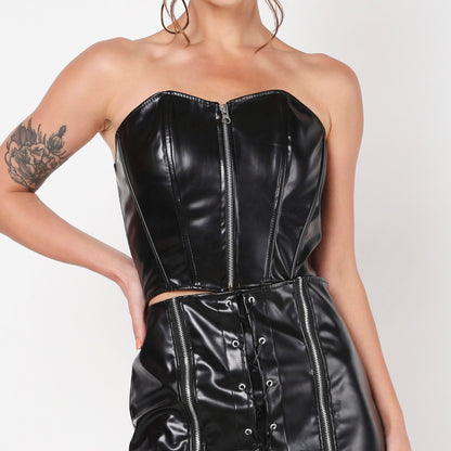 Catty Black Skirt And Corset Leather Coord Set