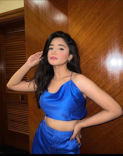 Blue satin backless co ord set